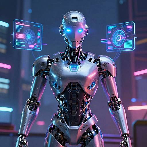 Futuristic Humanoid Robot in Cyberpunk City