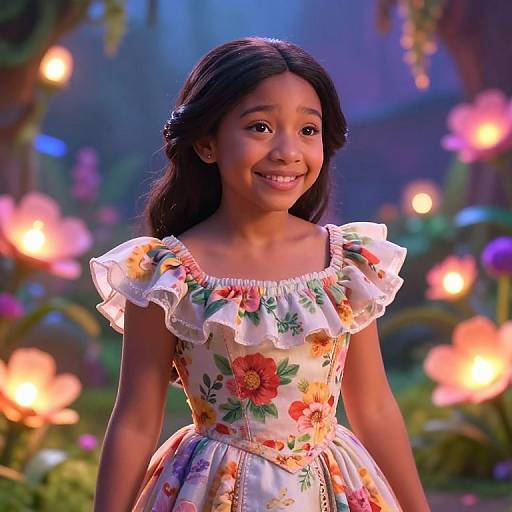 Photograph of a smiling young Indian girl with dark hair in a floral, ruffled dress, standing in a magical garden with glowing flowers at night.
