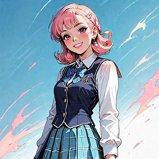 Smiling Schoolgirl in Plaid Uniform