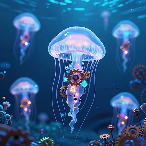 Digital artwork of glowing blue jellyfish with gear and starfish decorations, floating in a dark blue underwater scene.