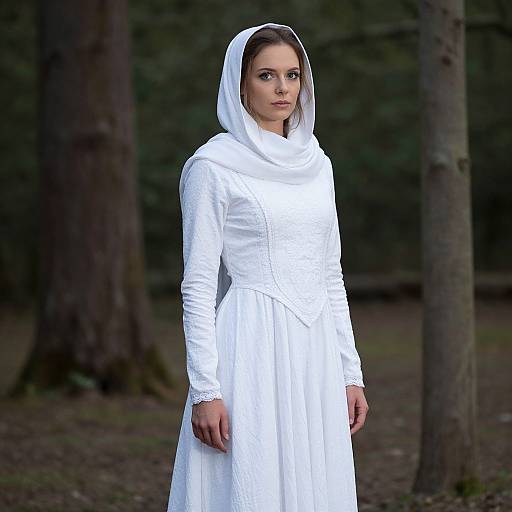 Photograph of a serious young woman with fair skin, brown eyes, and dark brown hair, wearing a white long-sleeved hooded dress,