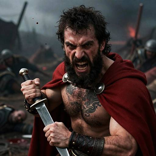 Fierce Warrior Roaring on Chaotic Battlefield