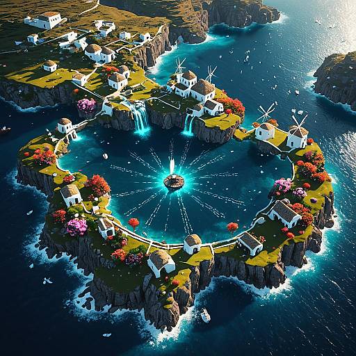 Aerial View of Fantasy Floating Archipelago with Windmills