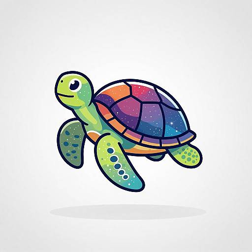 Colorful cartoon turtle with a vibrant, multicolored shell and green, yellow, and blue limbs swimming against a white background. Digital art style.