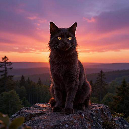 Photograph of a dark gray cat with glowing yellow eyes sitting on a rock at sunset, with a vibrant orange and purple sky and forested background.