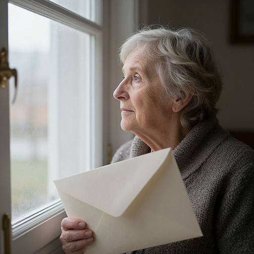 Elderly woman with gray hair, wearing a textured gray coat, gazes out window, holding a white envelope, soft natural light.
