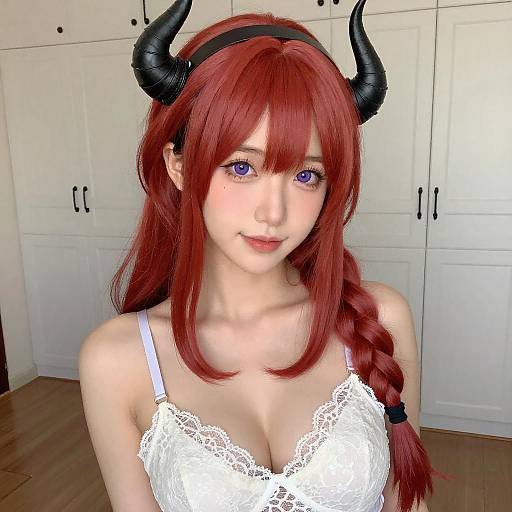 Asian Woman with Red Hair and Horn Headband