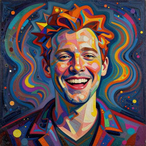 Vibrant digital portrait of a smiling man with colorful, abstract hair and background, featuring bold, swirling patterns in reds, blues, and yell