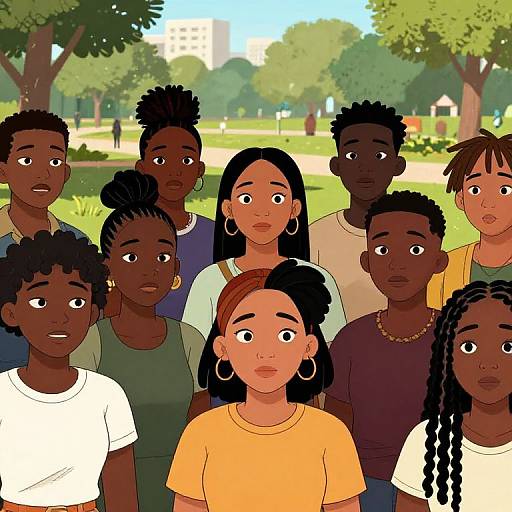 Digital illustration of diverse group of young Black and Brown people with various hairstyles, wearing casual clothes, standing in a sunny park.