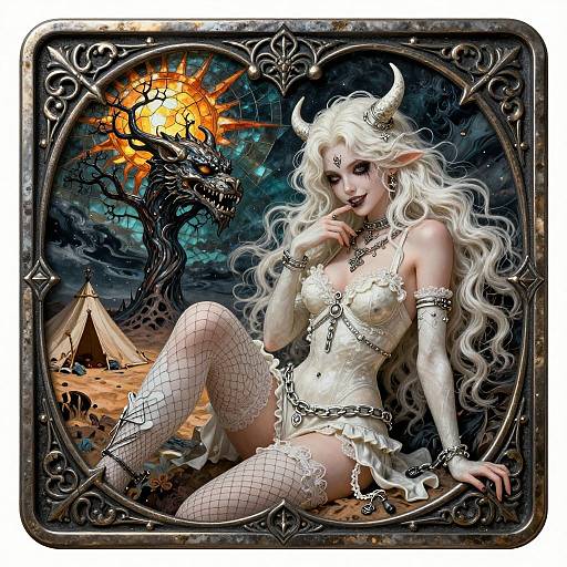 Digital fantasy artwork: White-haired, horned demoness in lace lingerie, fishnet stockings, and chains, sitting seductively under a fiery sun