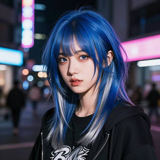 Photograph of a young Asian woman with vibrant blue and white hair, wearing a black hoodie, standing in a neon-lit urban night scene.