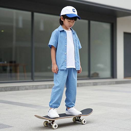 Photograph of a young Asian boy in light blue shirt and pants, white sneakers, and white cap, riding a skateboard outdoors.