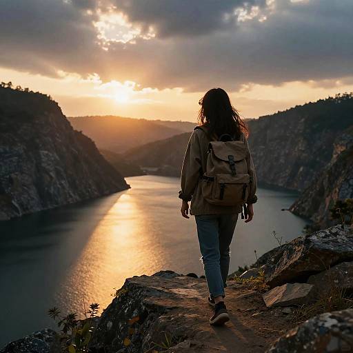 Photograph of a woman with long hair, wearing a beige backpack and jeans, walking away from a sunlit, canyon river at sunset.