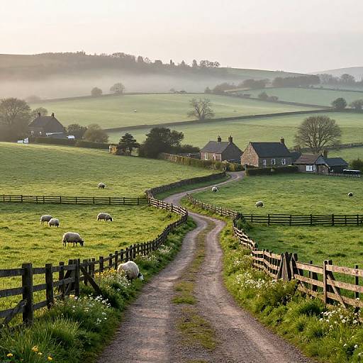 Photograph of a peaceful countryside: winding dirt path, wooden fence, green fields, grazing sheep, stone cottages, misty hills, early morning