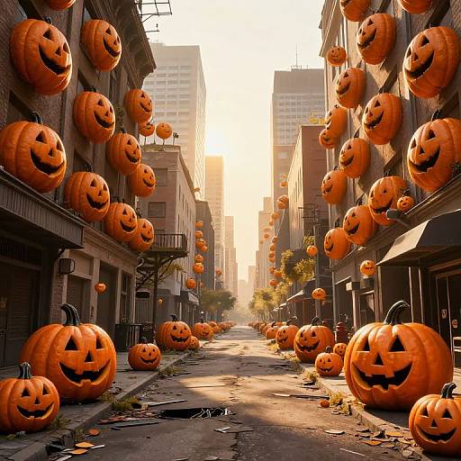 Photograph of a city alleyway at sunset, filled with floating and grounded orange jack-o'-lanterns, creating a Halloween-themed urban scene.