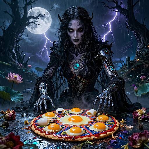 Digital artwork of a dark, ethereal female figure with glowing eyes and black armor, crouching over a colorful pizza with eggs, under a storm