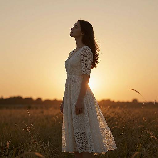 Photograph of a silhouette of a woman with long dark hair in a lace white dress, standing in a golden sunset field.