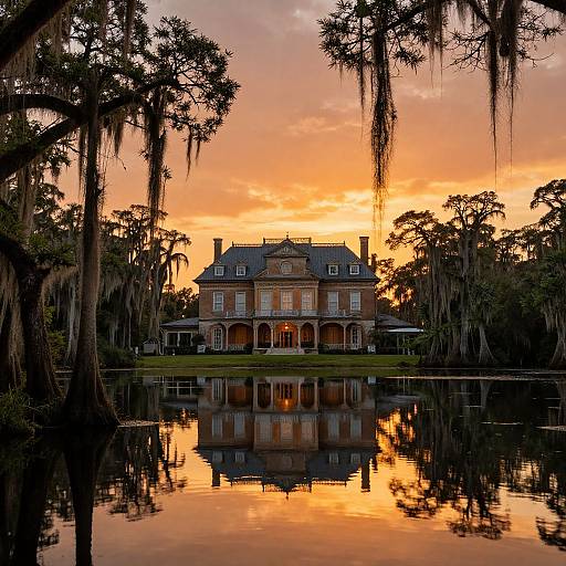 Photograph of a grand, colonial-style mansion at sunset, reflected in a calm lake, surrounded by tall trees with hanging Spanish moss. Warm, orange