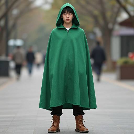 Photograph of a young person with short black hair, wearing a green hooded cloak, black pants, brown boots, standing on a blurred city street