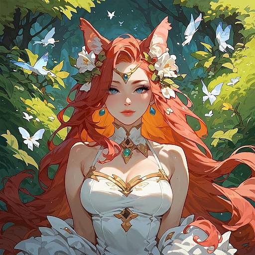 Digital art of a beautiful, red-haired, anime-style fox girl with blue eyes, wearing a white, strapless dress adorned with gold and turquoise jewelry