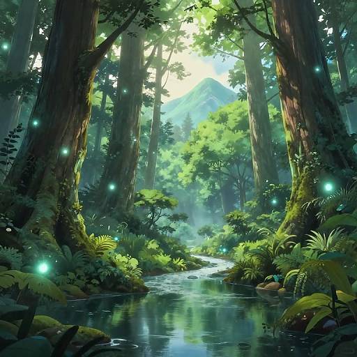 Digital fantasy art of a lush, enchanted forest with glowing fireflies, tall trees, and a serene, reflective stream beneath a misty, sunlit