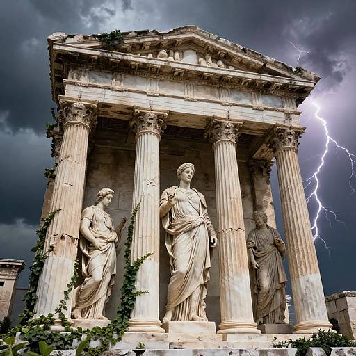 Photograph of a classical Greek-style temple with four statues, lightning illuminating the cloudy sky, and vines climbing the columns.