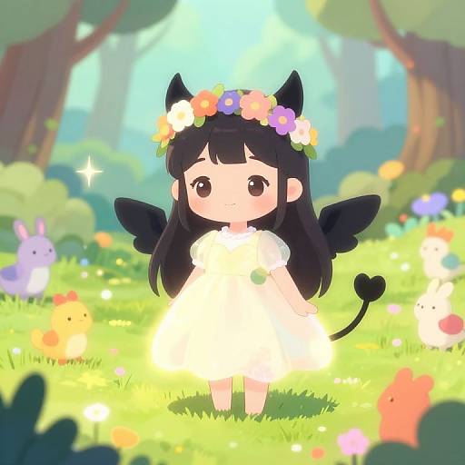 Whimsical Anime Demon Girl in Forest