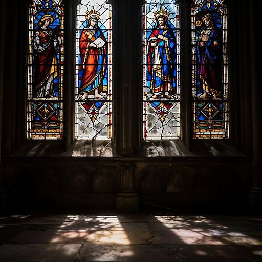 Photograph of vibrant, detailed stained glass windows depicting biblical figures in rich reds, blues, and golds, casting colorful light on stone floor.