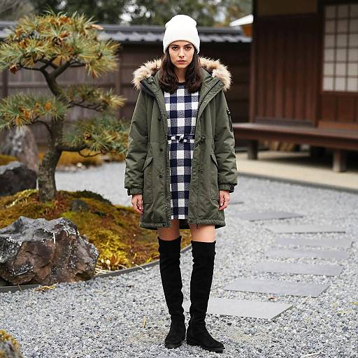 Young Woman in Winter Fashion in Japanese Garden