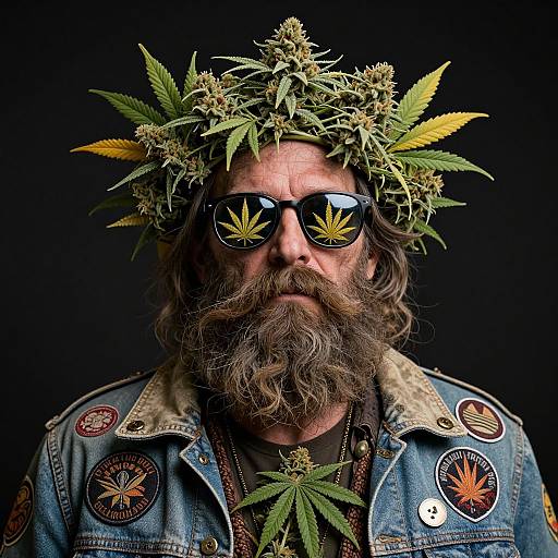 Photograph of a bearded man with a cannabis crown, mirrored sunglasses, denim jacket adorned with marijuana patches, against a black background.