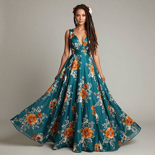 Photograph of a woman with long dreadlocks, wearing a blue, floral-patterned, V-neck ball gown with orange and white flowers, standing against