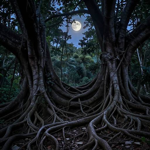 Photograph of a moonlit forest with towering trees, thick, gnarled roots, and a full moon visible through the dense canopy.