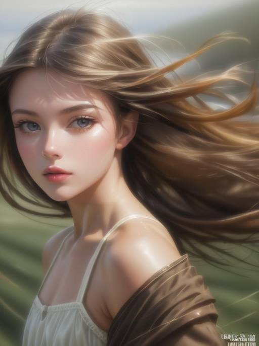 Realistic Portrait of Woman with Flowing Brown Hair