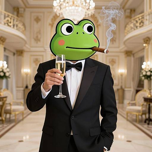 Photograph of a green frog-headed man in a black tuxedo, bow tie, cigar, and champagne glass, standing in an opulent,