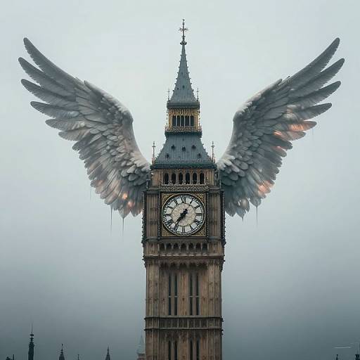 Photograph of London's Big Ben clock tower with large, gray angel wings extending from the top, set against a pale, cloudy sky.