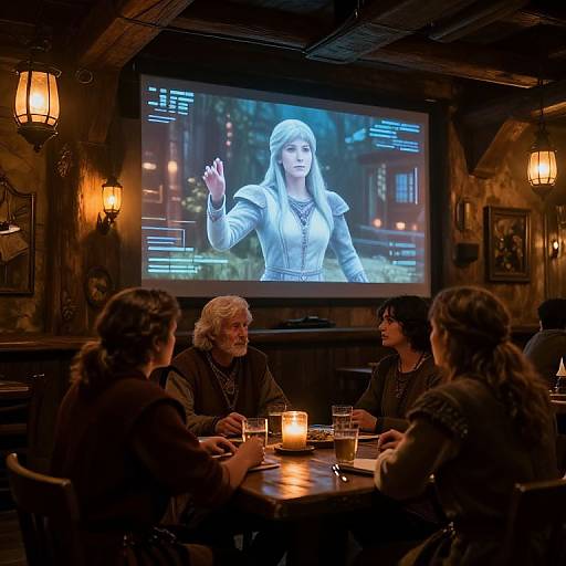 Photograph of five people in a dimly lit, rustic bar watching a TV showing a blonde woman in medieval attire waving. Candlelight and warm wall