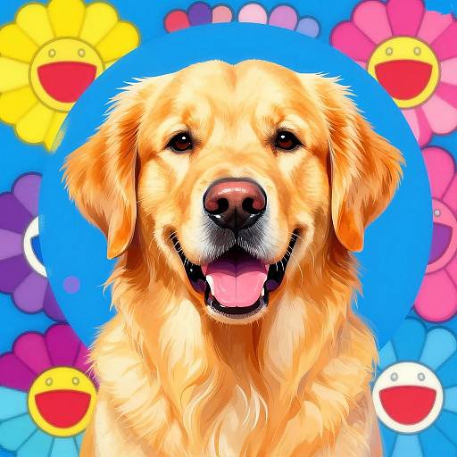 Digital illustration of a happy golden retriever with fluffy orange fur, blue circular background, surrounded by colorful flowers and smiling yellow and red faces.