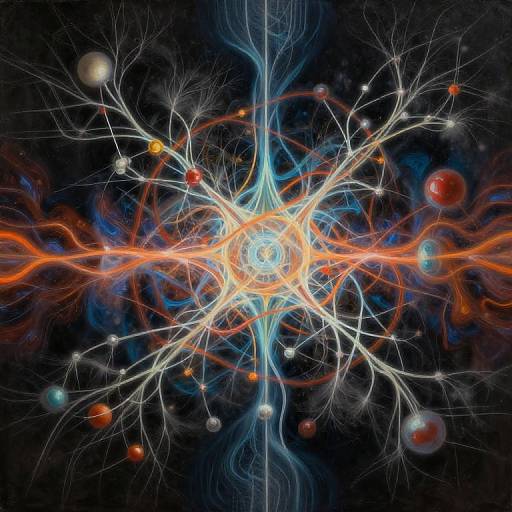 Abstract digital artwork of a cosmic explosion with glowing blue and orange energy lines, white and colorful orbs, and intricate, web-like patterns against a dark,