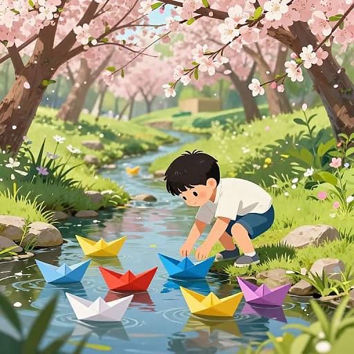 Digital illustration of a young boy with black hair, wearing a white shirt and blue shorts, folding colorful paper boats in a sunlit, cherry blossom-filled