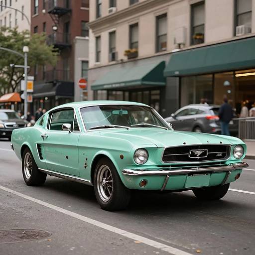 Photograph of a mint-green vintage Pontiac GTO muscle car driving on a city street, surrounded by buildings and pedestrians.