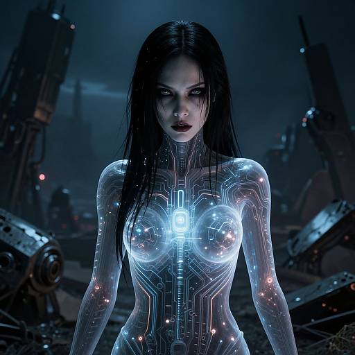Digital artwork of a cybernetic woman with glowing blue circuits, transparent skin, and wet black hair, standing in a dark, industrial, futuristic setting