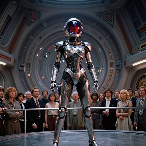Photograph of a shiny, silver humanoid robot with a red-tinted helmet, standing on a stage in front of a round, futuristic background,