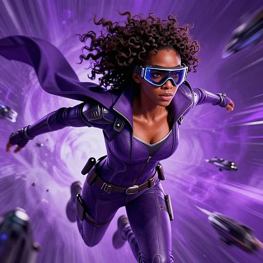 CGI image of a curly-haired Black woman in a purple, form-fitting suit and blue visor, mid-leap, surrounded by glowing purple