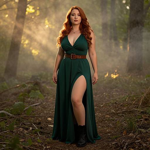 Photograph of a red-haired woman with long curls, wearing a deep green, V-neck, high-slitted dress and brown belt, standing confidently in