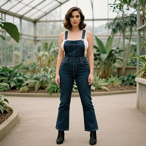 Photograph of a curvy woman with shoulder-length brown hair, wearing a white tank top under dark blue denim overalls, black boots, standing in