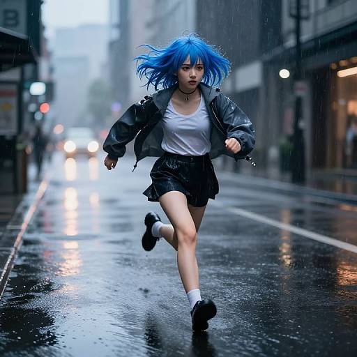 Photograph-style digital art of a blue-haired girl in a white tank top, black shorts, and leather jacket running in a rainy urban street at night