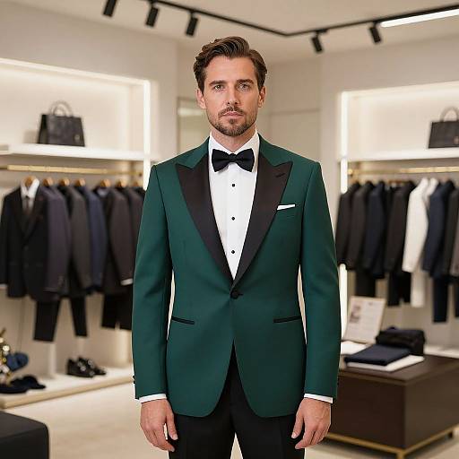 Photograph of a handsome man with brown hair and beard, wearing a dark green tuxedo with black lapels, black bow tie, white shirt