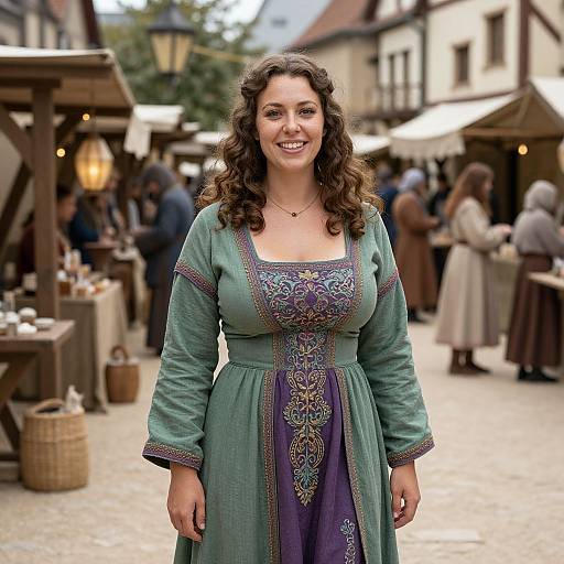 Photograph of a smiling woman with curly brown hair, wearing a teal and purple medieval-style dress, standing in a bustling outdoor market. Blurred shoppers