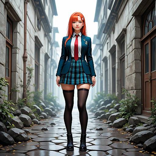 Digital anime-style artwork of a red-haired girl in a blue blazer, red tie, plaid skirt, and black thigh-high stockings, standing confidently