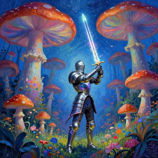 Knight in shiny silver armor holding glowing sword in vibrant, fantasy forest with giant red and orange mushrooms, colorful flowers, and a mystical blue background. Digital